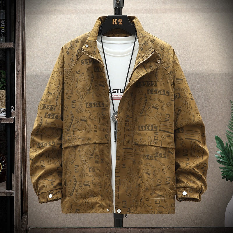 Herren leichte Overshirt-Utility-Jacke mit Allover-Print, Stehkragen & verdecktem Reißverschluss Drune