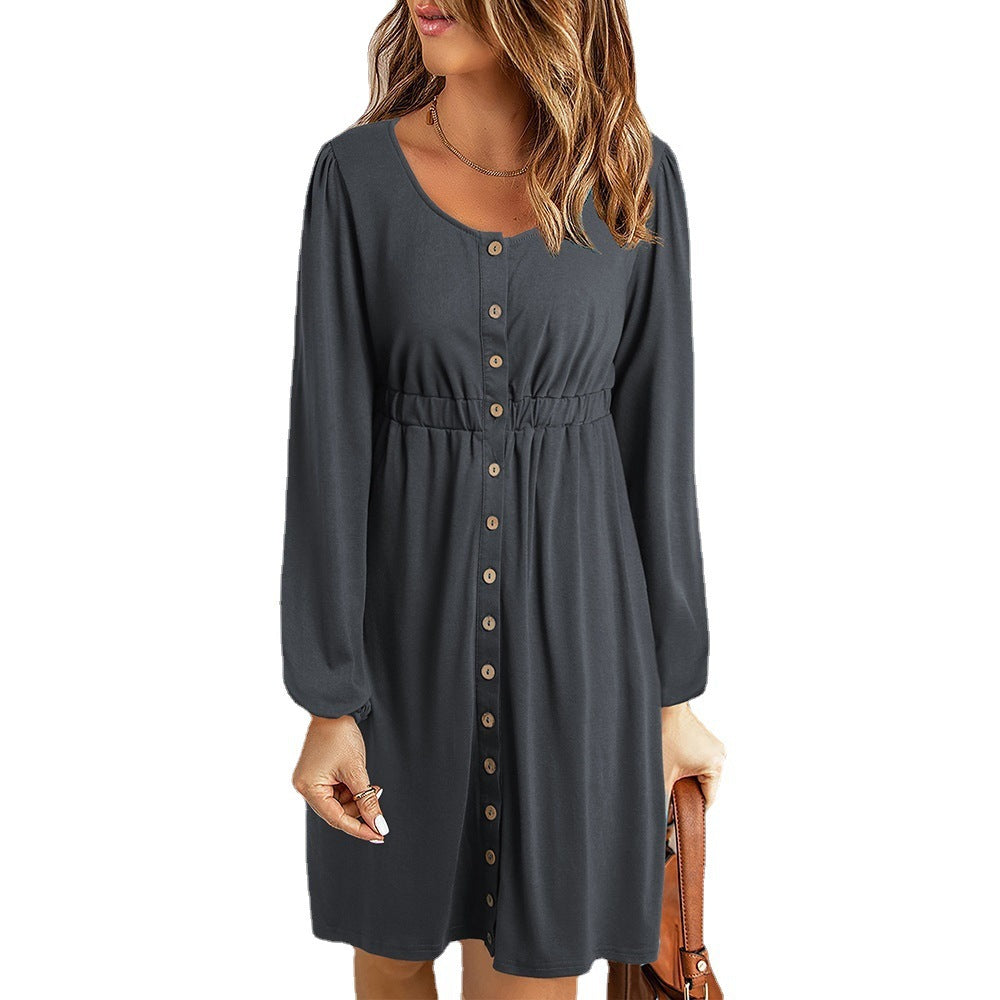 Damen knielanges Kleid mit Knopfdetails und elastischem Taillenzug Drune
