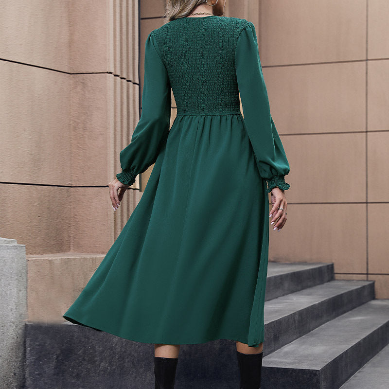 Damen Midi-Kleid mit Smock-Einsatz und langen Ärmeln Drune
