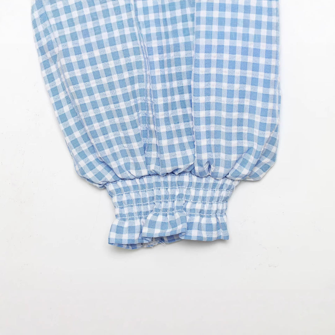 Damen Cropped-Bindeshirt mit Vichy-Karo, Rüschensaum und Ballonärmeln Drune