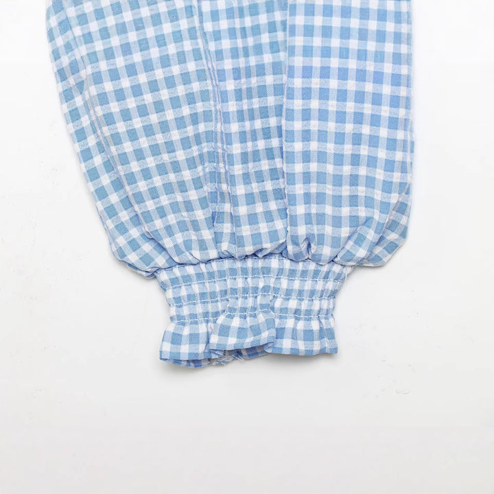 Damen Cropped-Bindeshirt mit Vichy-Karo, Rüschensaum und Ballonärmeln Drune