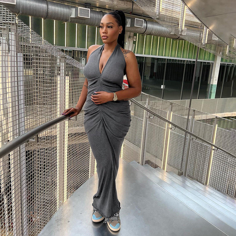 Damen Elegantes Maxikleid mit tiefem V-Ausschnitt und Raffung Drune