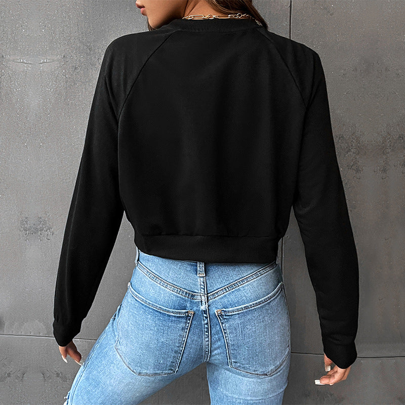 Damen Cropped College-Sweatshirt mit Rundhalsausschnitt, Raglanärmeln und Brooklyn-Print Drune