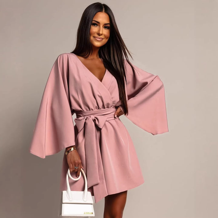 Damen Wickel-Minikleid mit Kimonoärmeln und Taillengürtel Drune