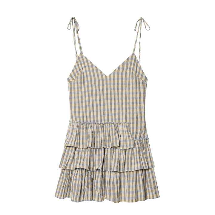 Damen luftiges V-Ausschnitt Sommerkleid mit Rüschen und verstellbaren Trägern Drune