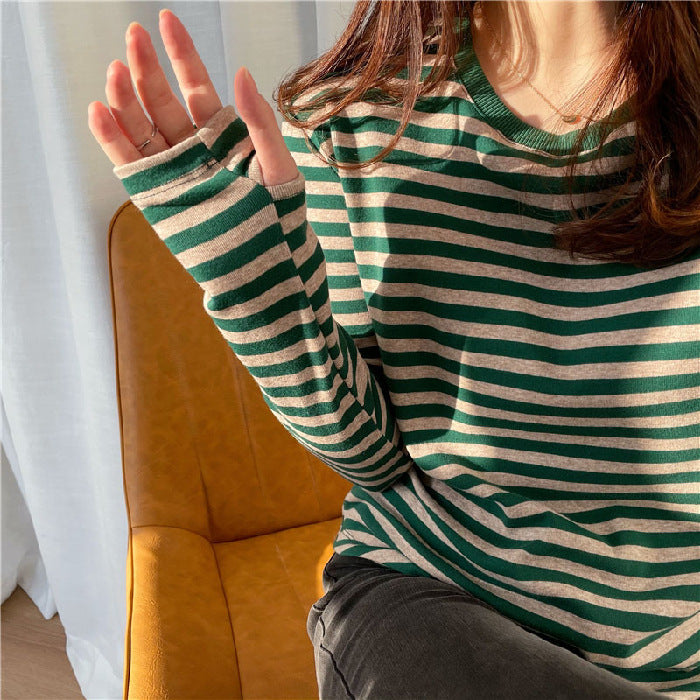 Damen lässiges Longsleeve-Shirt mit modischem Streifenmuster und Daumenlöchern Drune
