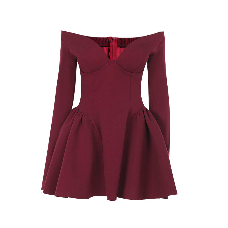 Damen elegantes schulterfreies Minikleid mit weitem Rock Drune