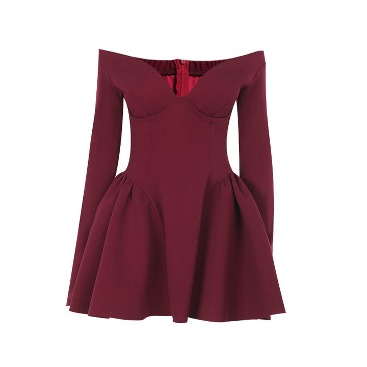 Damen elegantes schulterfreies Minikleid mit weitem Rock Drune