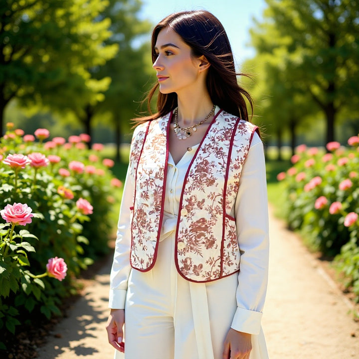Damen Gesteppte Weste im Landhausstil mit floraler Toile‑Optik und Eingrifftaschen Drune