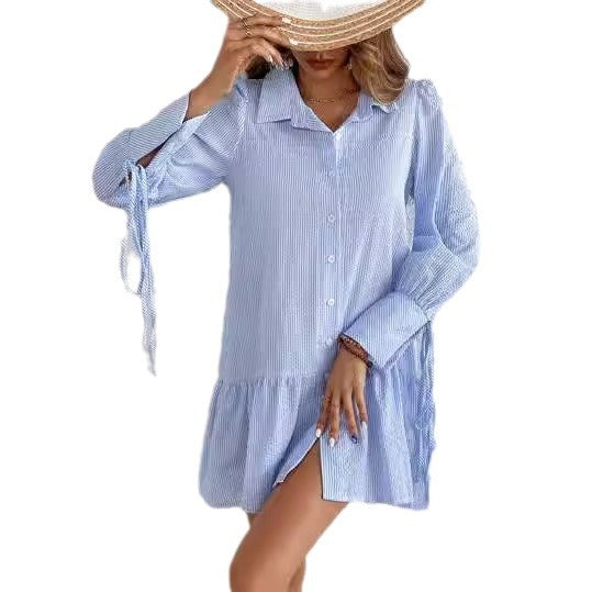 Damen Lockeres Hemdkleid mit Feinen Streifen, Volantsaum und Manschetten Drune