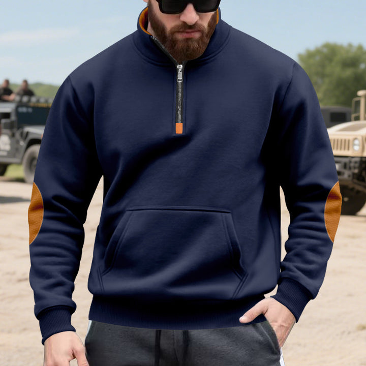 Herren nan Halbzip-Sweatshirt mit Stehkragen, Kängurutasche und kontrastierenden Ellbogenpatches Drune