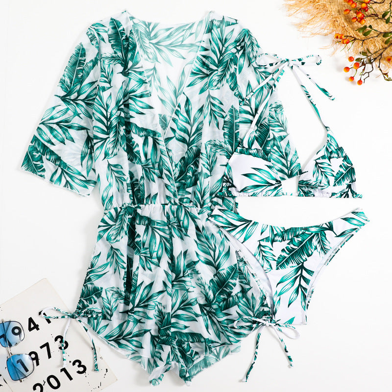 Damen Badeset mit floralem Wickeloberteil und Triangel-Bikini Drune