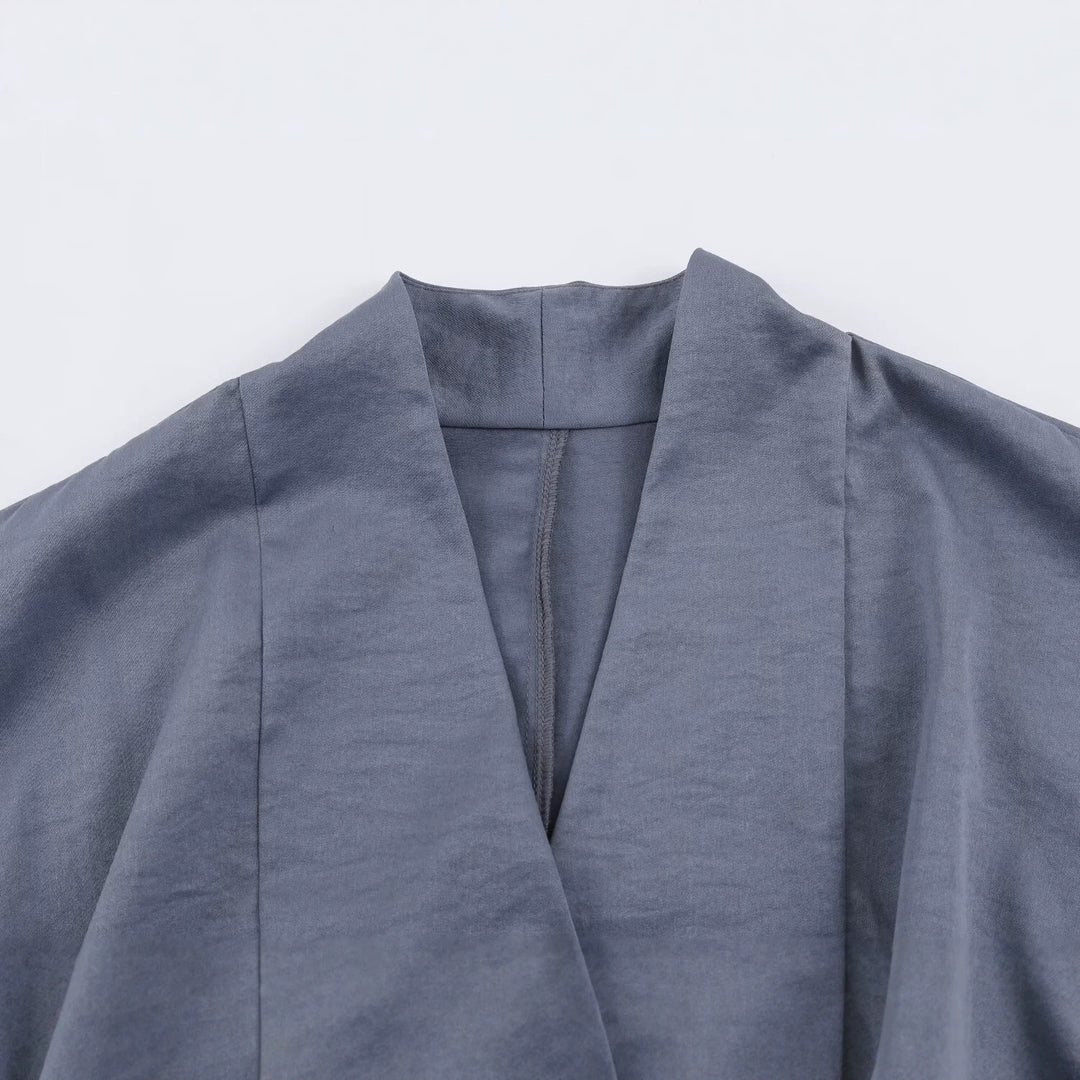 Damen Kimono‑Wickeljacke mit Taillengürtel, weitem Ärmel und asymmetrischen aufgesetzten Taschen Drune