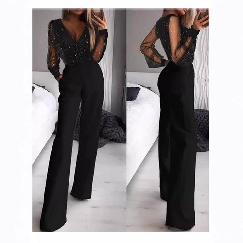 Damen Elegante Jumpsuit mit transparenter Bluse und schimmernden Akzenten Drune
