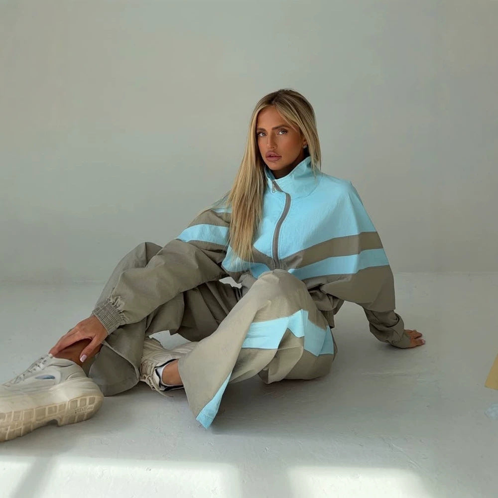 Damen Oversize-Trainingsanzug-Set mit Stehkragen und Kontraststreifen Drune