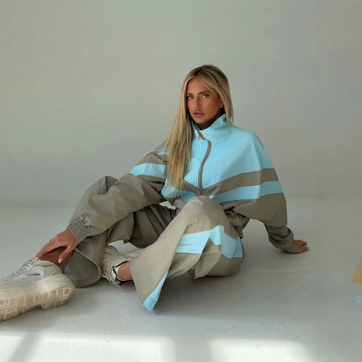 Damen Oversize-Trainingsanzug-Set mit Stehkragen und Kontraststreifen Drune