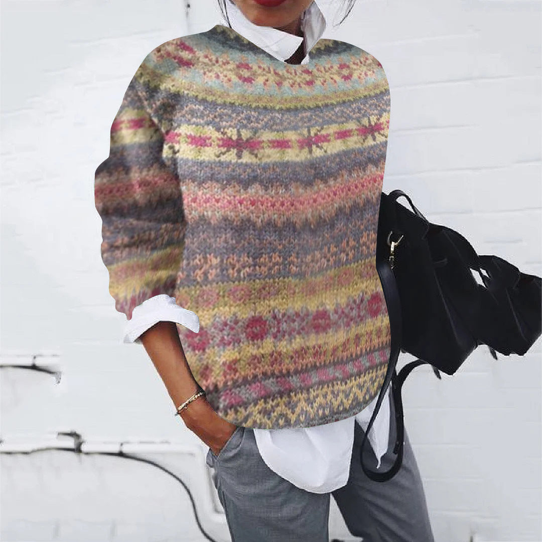 Damen lockerer Fair Isle Strickpullover mit Rundhalsausschnitt