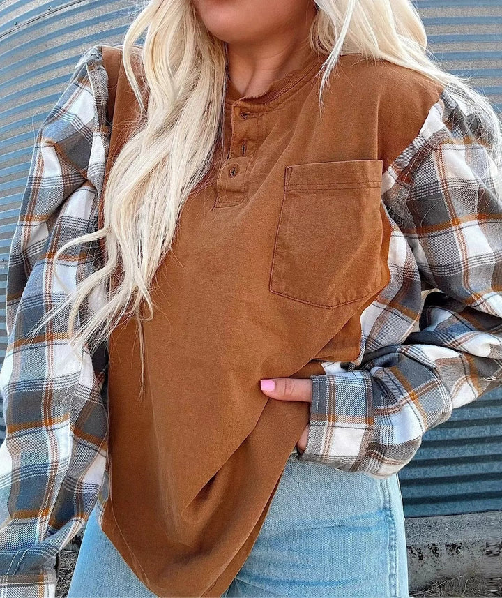 Damen nan weiter Henleypullover im Lagenlook mit karierten Ärmeln und Brusttasche Drune