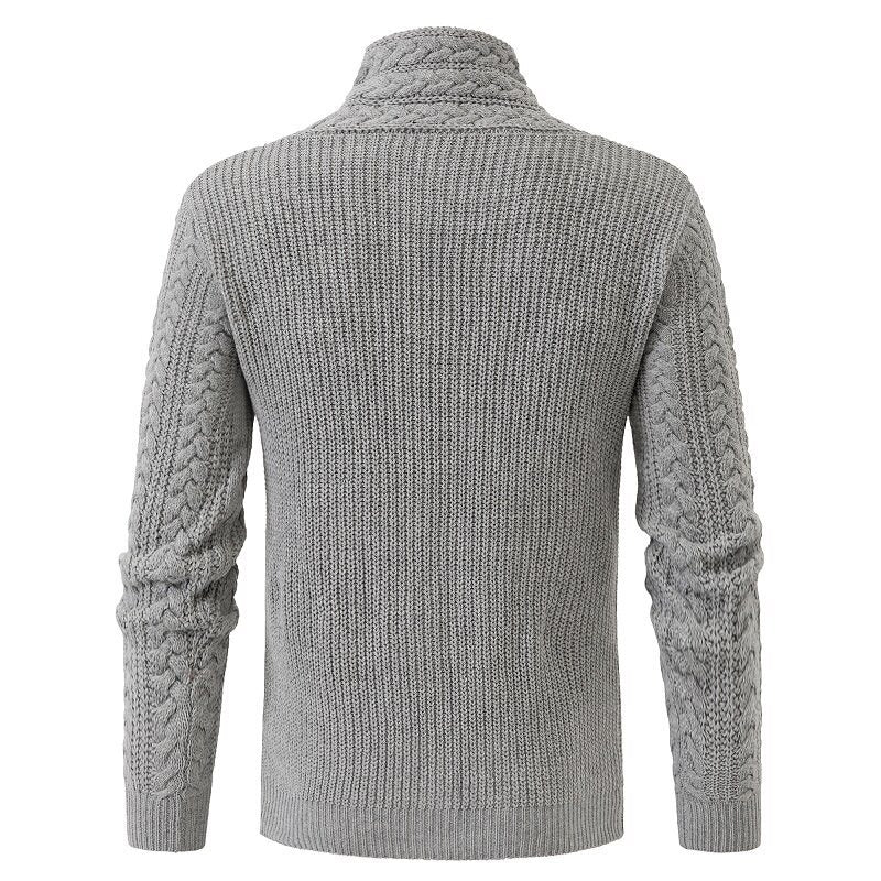 Herren nan Strickpullover mit Schalkragen, Zopfmuster und markanten Schnallenverschlüssen Drune