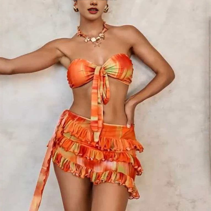 Damen Bandeau-Bikini-Set mit Rüschen und Wickeltuch Drune