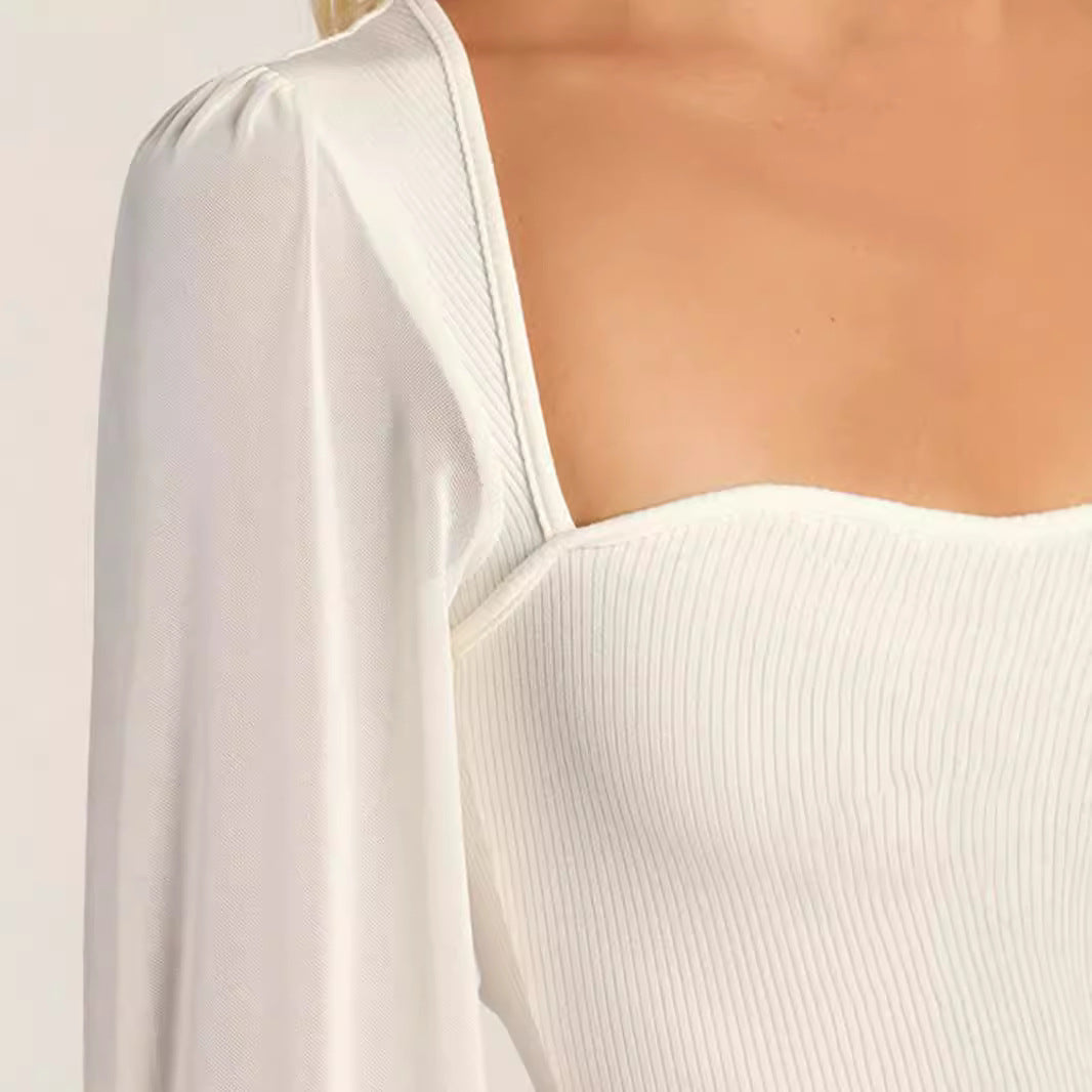Damen Eleganter Body mit transparenten Puffärmeln und quadratischem Ausschnitt Drune