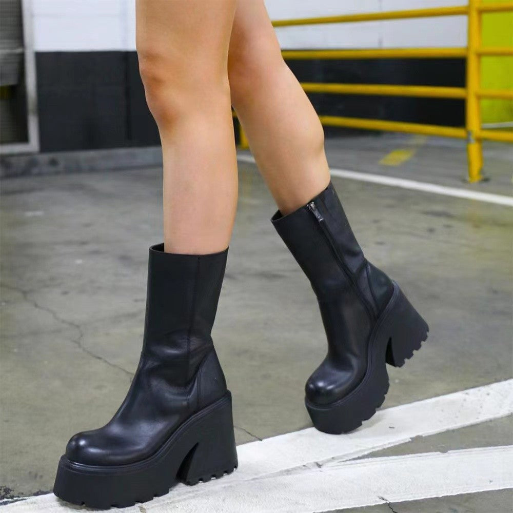 Damen Plateau-Stiefel mit hohem Blockabsatz und modischem Reißverschluss Drune