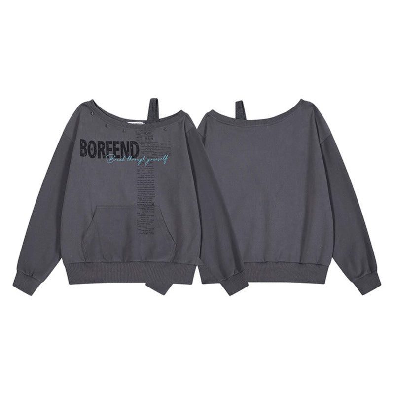 Damen Oversize-Sweatshirt mit asymmetrischem One-Shoulder-Träger, Kängurutasche und Nieten Drune