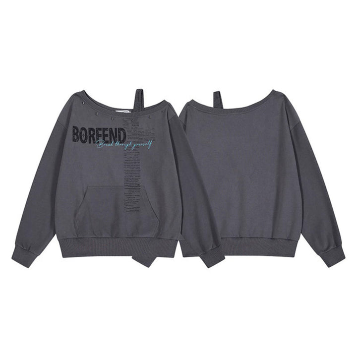 Damen Oversize-Sweatshirt mit asymmetrischem One-Shoulder-Träger, Kängurutasche und Nieten Drune