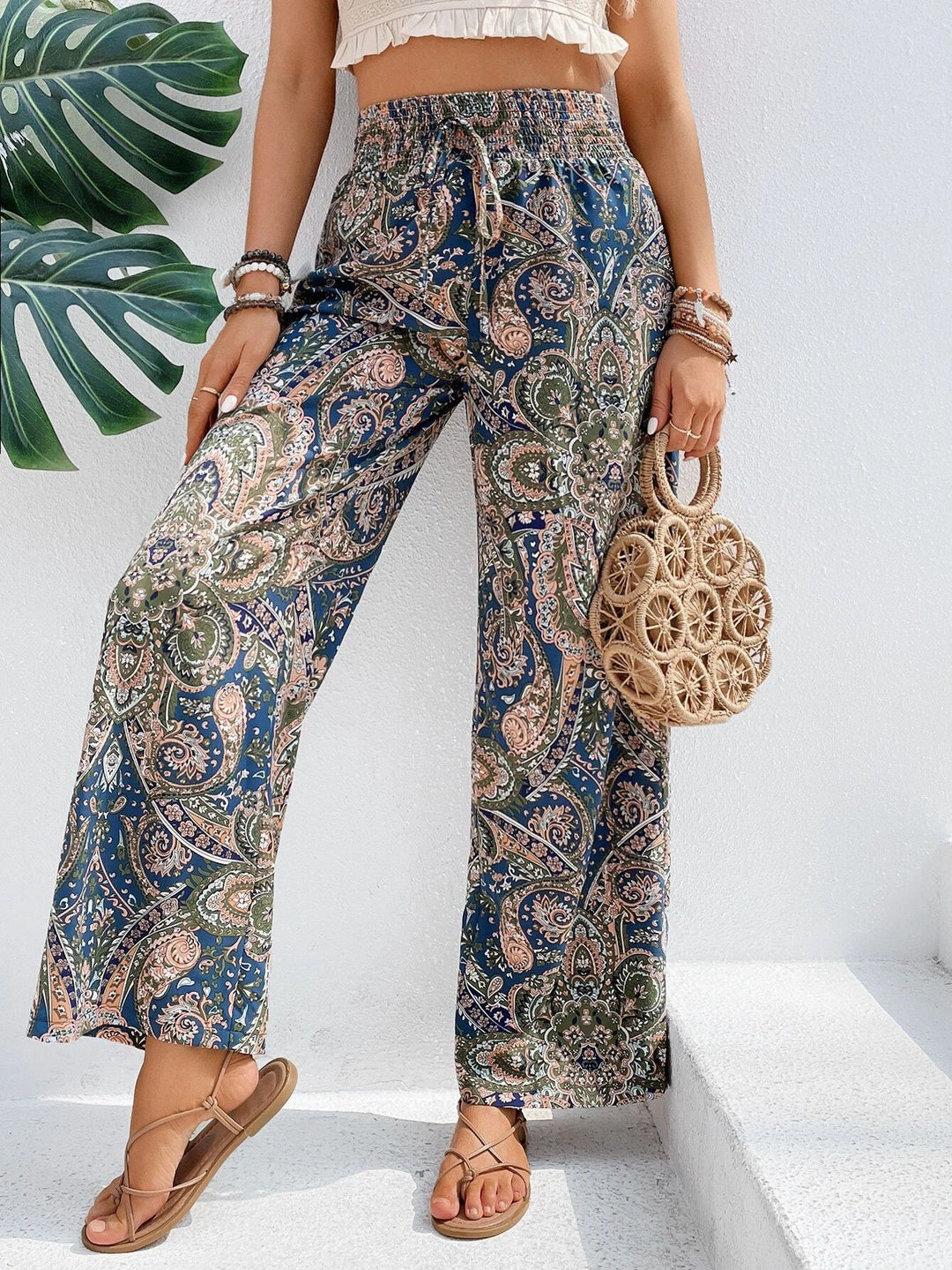 Damen Palazzo-Hose mit weitem Bein, elastischem Smockbund und Paisley-Print Drune