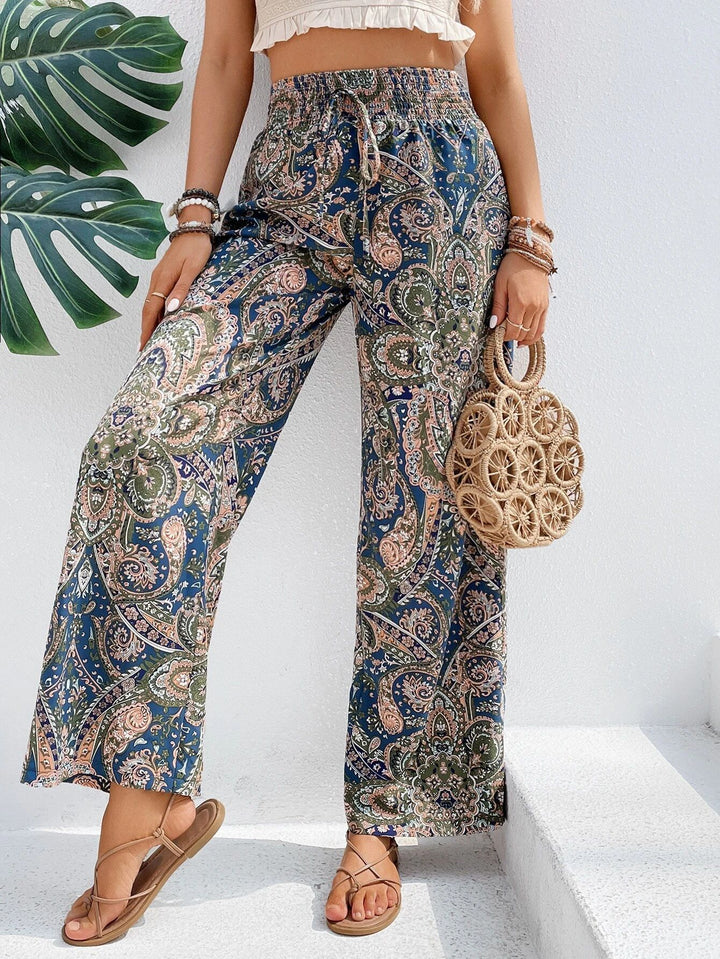 Damen Palazzo-Hose mit weitem Bein, elastischem Smockbund und Paisley-Print Drune