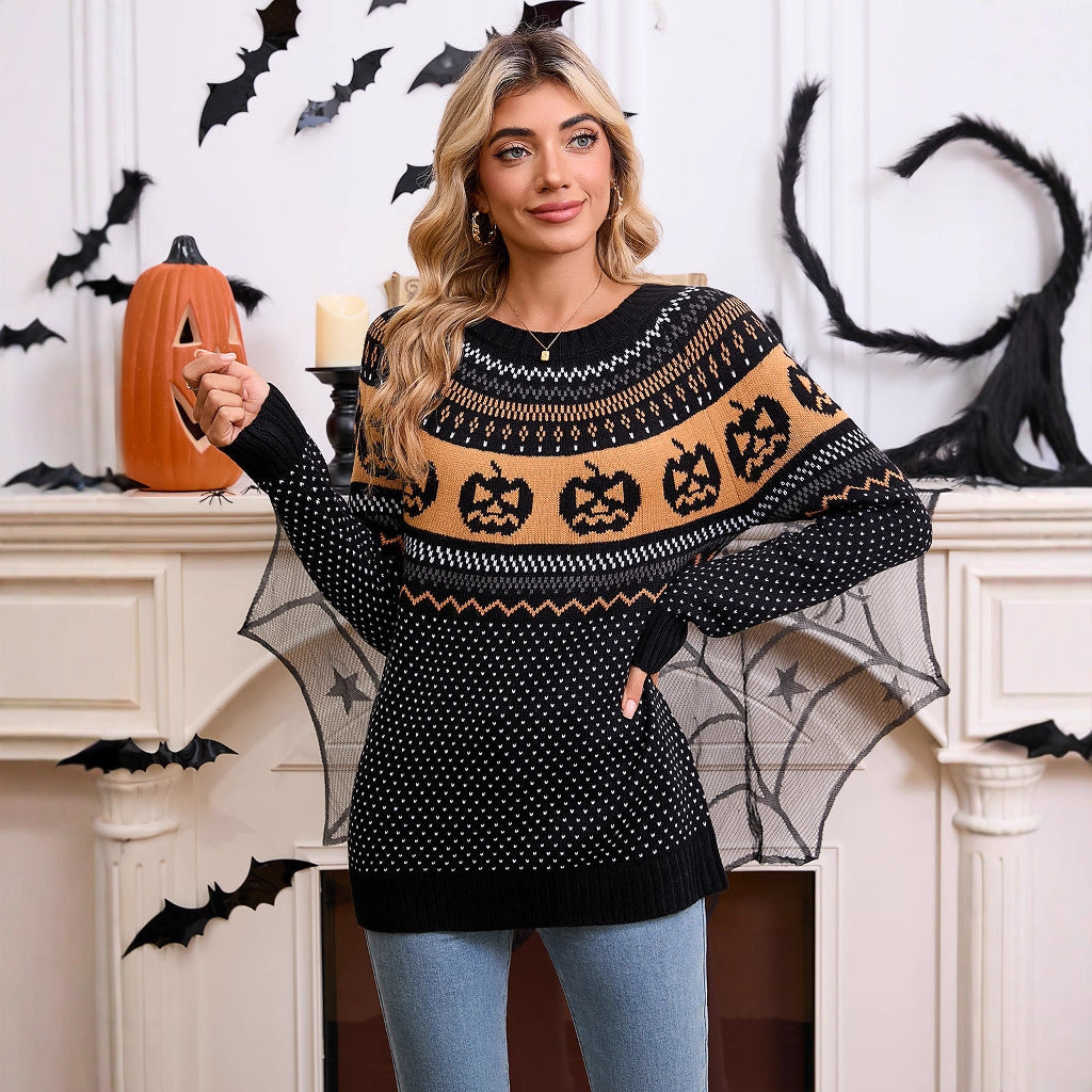 Damen Strickpullover mit Halloween-Motiv und Feinstrickstruktur Drune