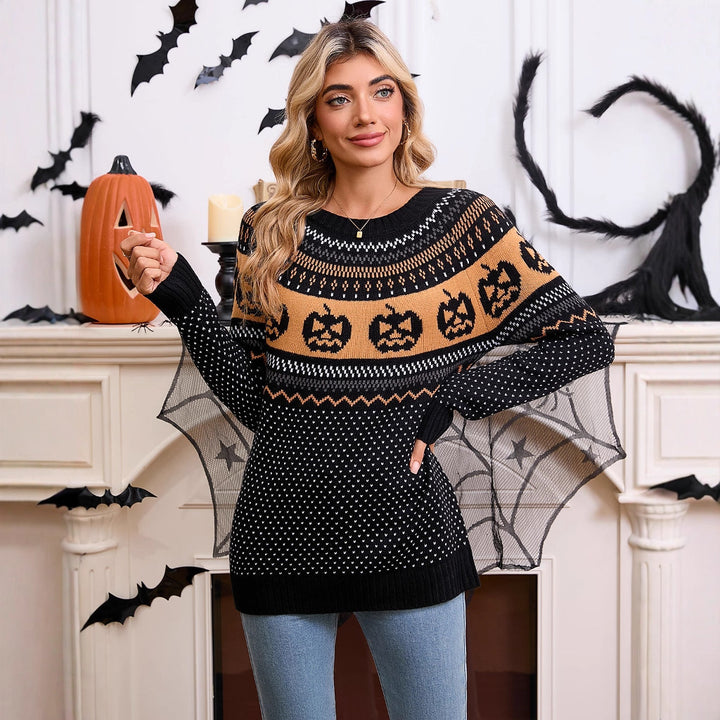 Damen Strickpullover mit Halloween-Motiv und Feinstrickstruktur Drune