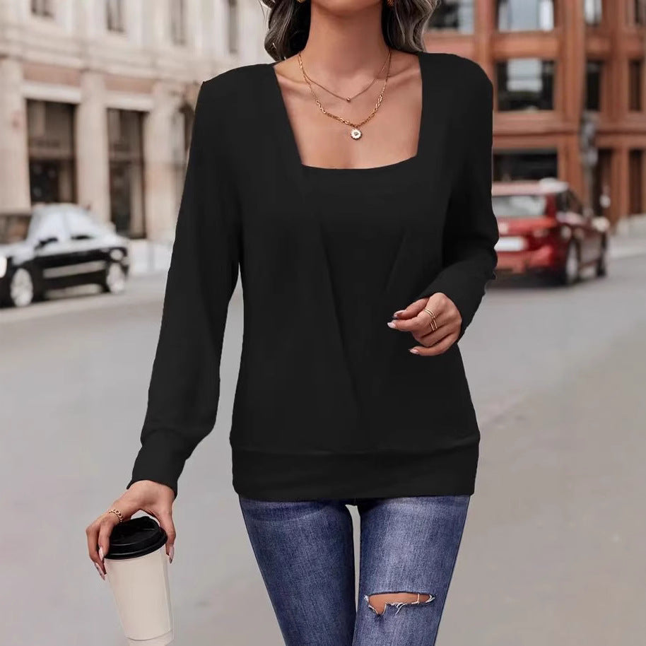 Drune | Einfarbiger Quadrat-Hals-Pullover Locker Langarm Sweatshirt Tee