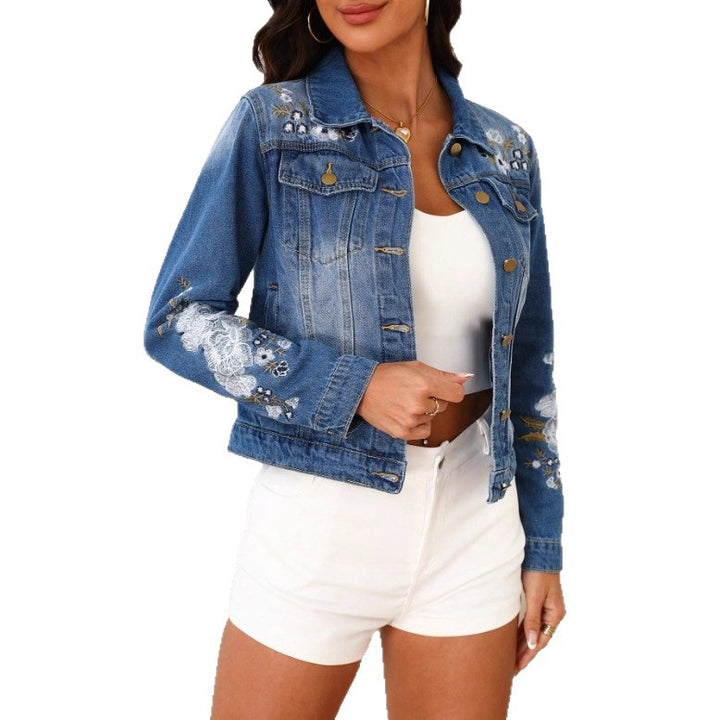 Damen Bestickte Cropped-Denimjacke im Trucker‑Stil mit floraler Ärmeldetailierung Drune