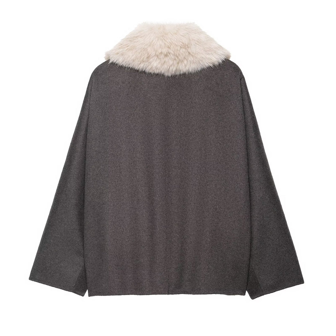 Damen 300+ gefütterter Wollmix‑Cape‑Mantel mit abnehmbarem Kunstfellkragen Drune
