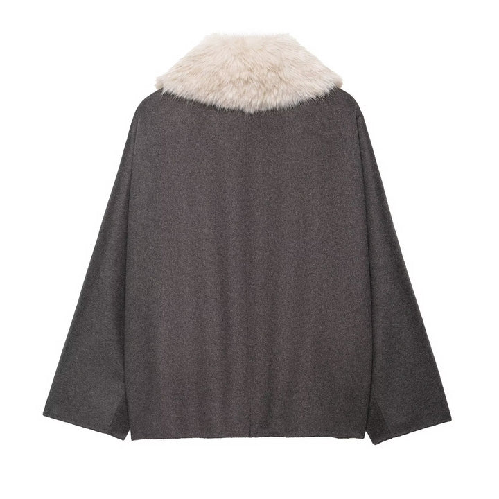 Damen 300+ gefütterter Wollmix‑Cape‑Mantel mit abnehmbarem Kunstfellkragen Drune