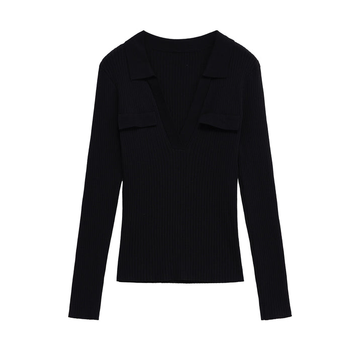 Damen Langarmshirt mit V-Ausschnitt und dekorativen Taschen Drune