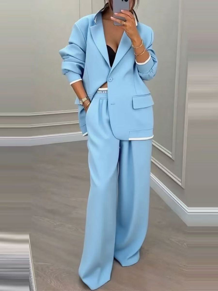 Damen Oversize-Tailoring-Set mit Kontrastpaspel, Single-Button-Blazer und hochgeschnittener Weitbeinhose Drune