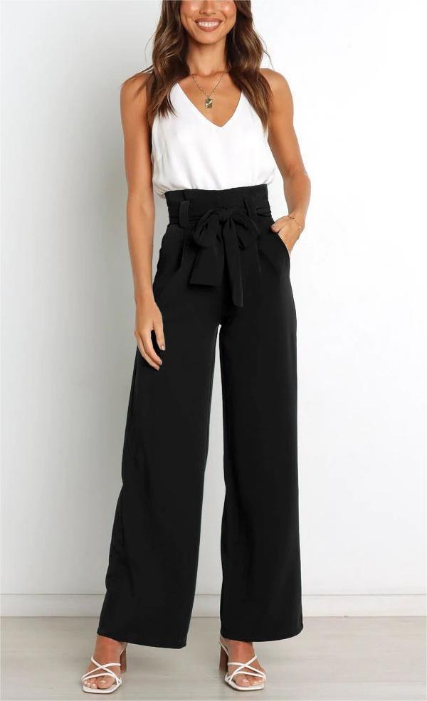 Damen Weite High-Waist Paperbag-Hose mit Bundfalten und Bindegürtel Drune