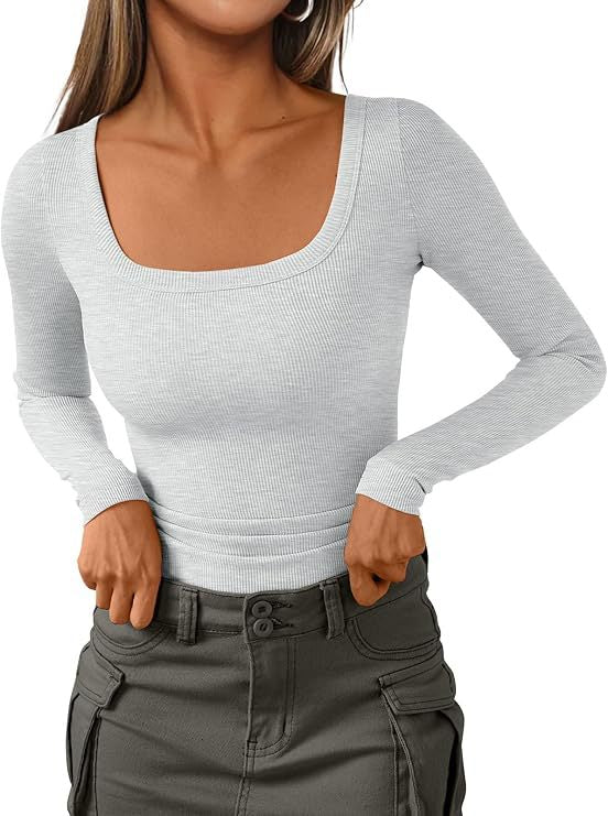 Damen Figurnahes Ripp-Langarmshirt mit weitem Carré-Ausschnitt und Stretch-Baumwollmix Drune