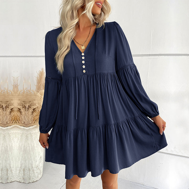 Damen Weiches Stufen-Minikleid mit V-Ausschnitt, Knopfleiste und Ballonärmeln Drune