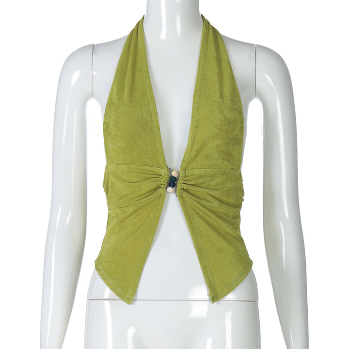 Damen Haltertop mit eleganter Raffung und dekorativen Perlen Drune