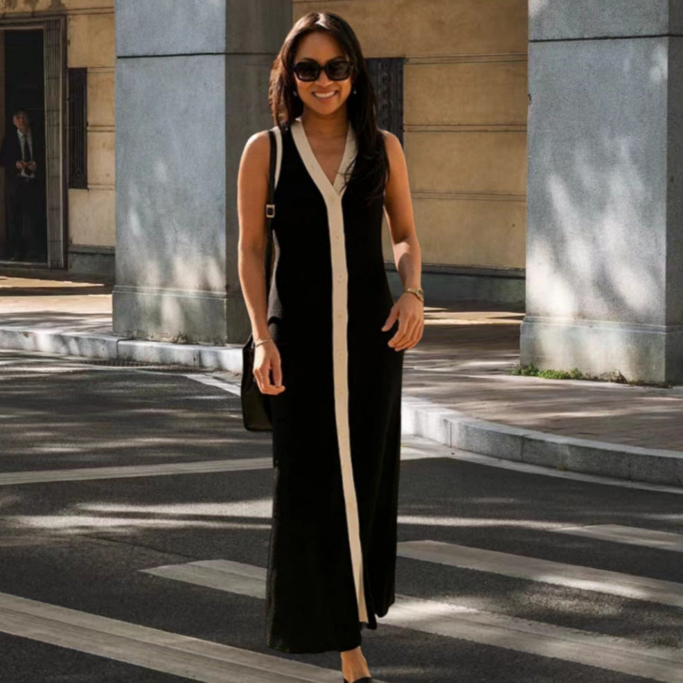 Damen Maxikleid mit Knopfleiste und kontrastierendem Design Drune