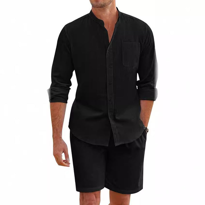 Herren nan Leinenoptik-Zweiteiler mit Stehkragen-Hemd, Brusttasche und legeren Shorts Drune