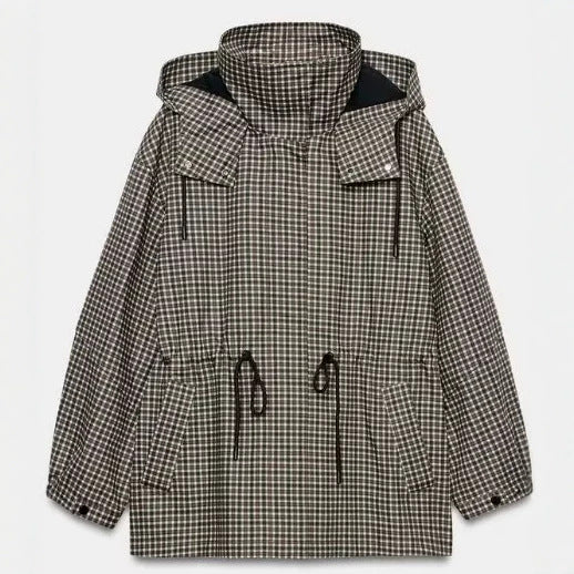 Damen karierter Anorak mit Kapuze und Tunnelzug Drune
