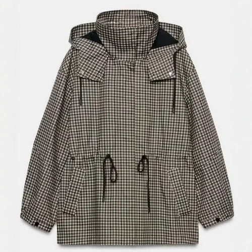 Damen karierter Anorak mit Kapuze und Tunnelzug Drune