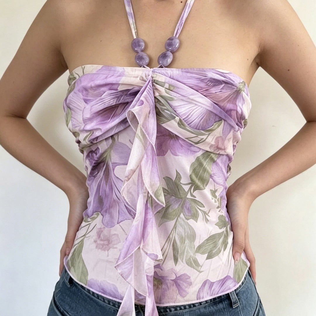 Damen Spaghetti-Trägertop mit floralen Einsätzen und transparenten Rüschen Drune
