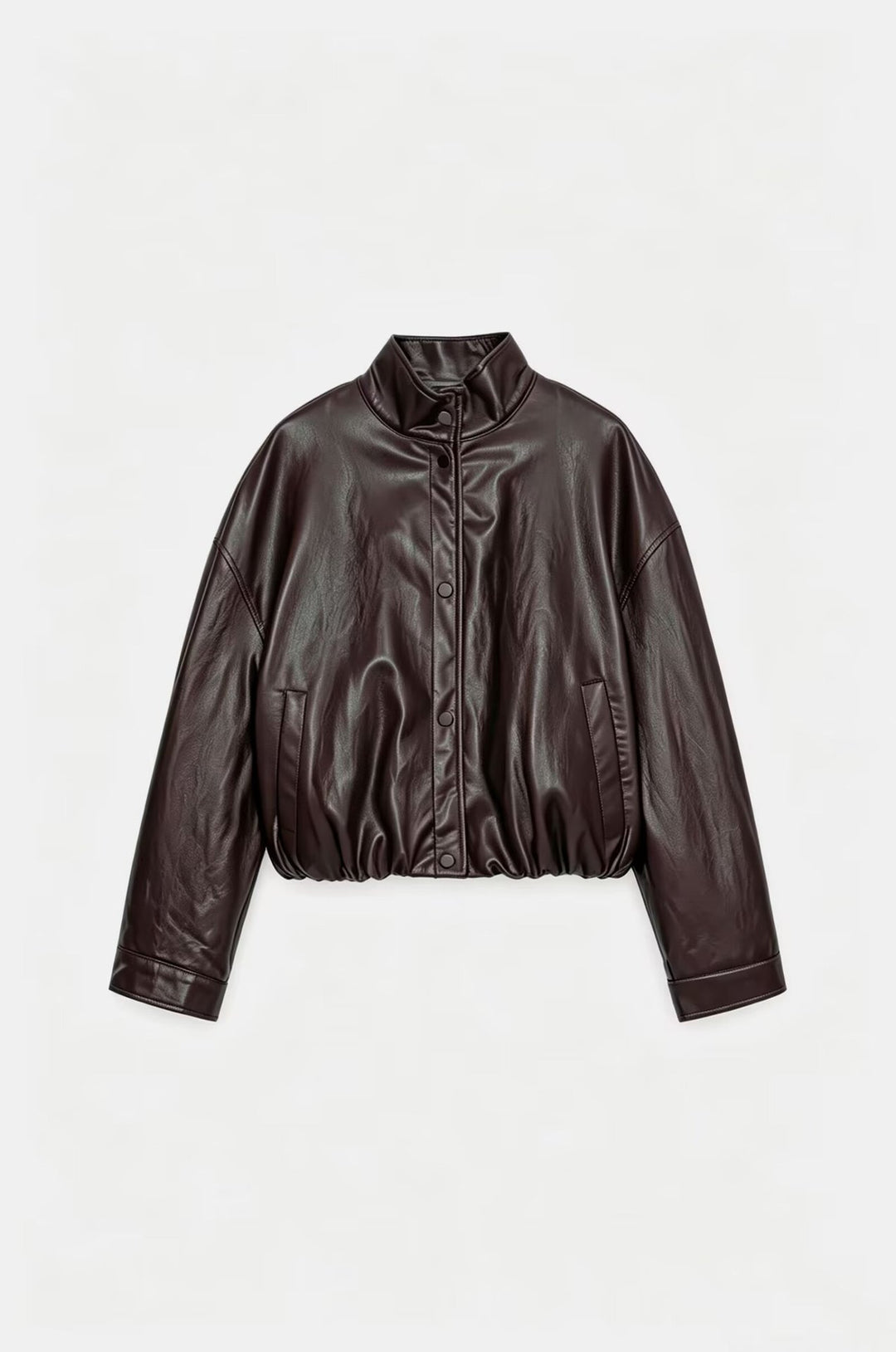 Damen Cropped Kunstleder‑Bomber mit Stehkragen, Druckknopfleiste und elastischem Bund Drune