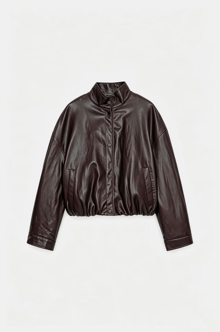 Damen Cropped Kunstleder‑Bomber mit Stehkragen, Druckknopfleiste und elastischem Bund Drune