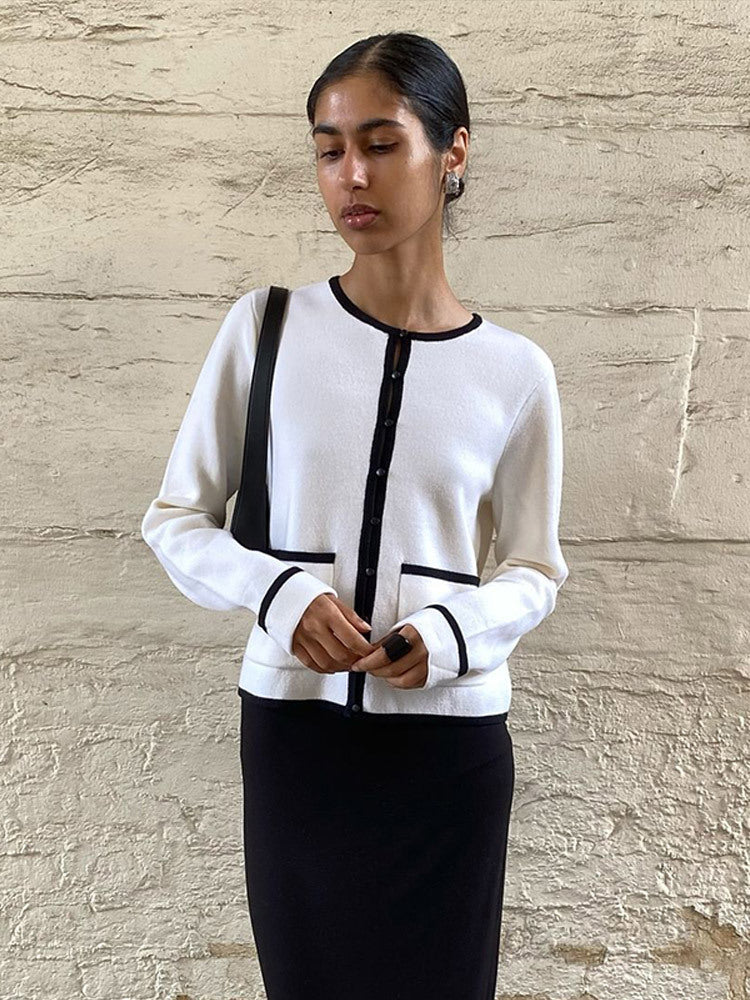 Damen Feiner Kontrast-Knopfleisten‑Cardigan mit Paspelung und aufgesetzten Taschen Drune
